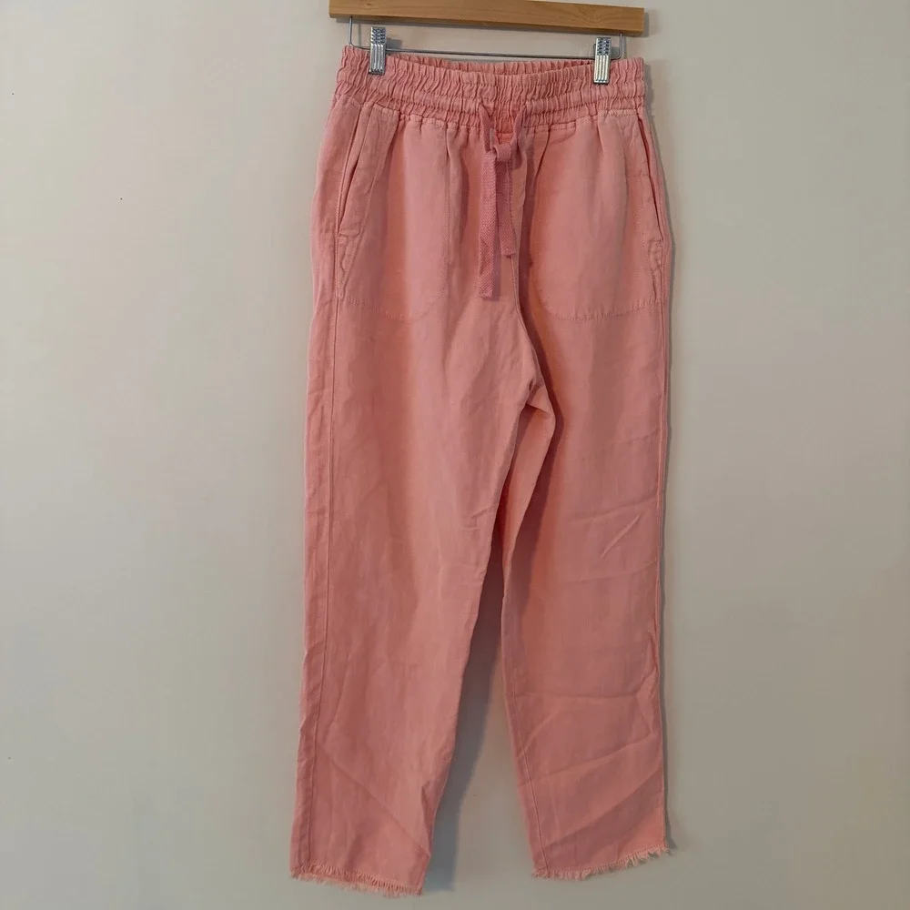 ZARA Linen Blend Smocked Waist Raw Hem Straight Leg Trousers Peach Womens Size M